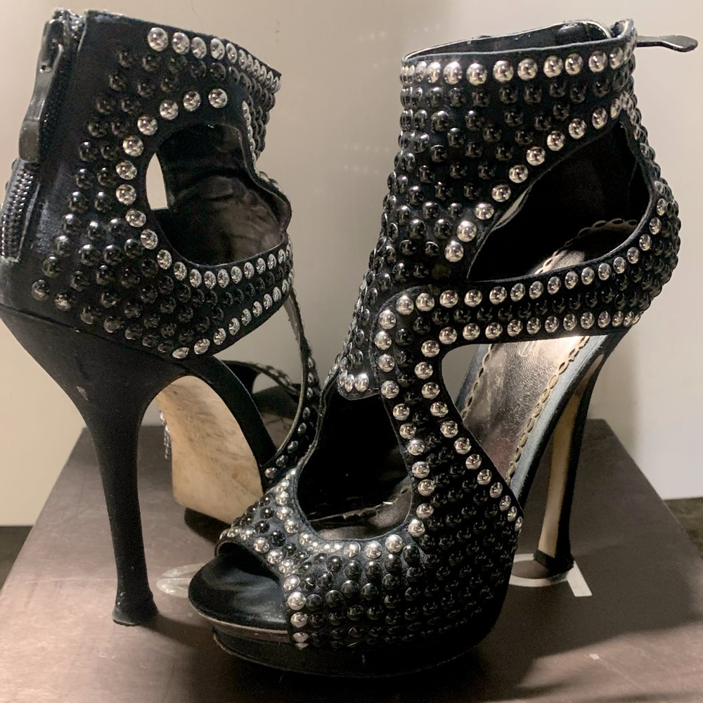 Black open toe high heel studded bootie